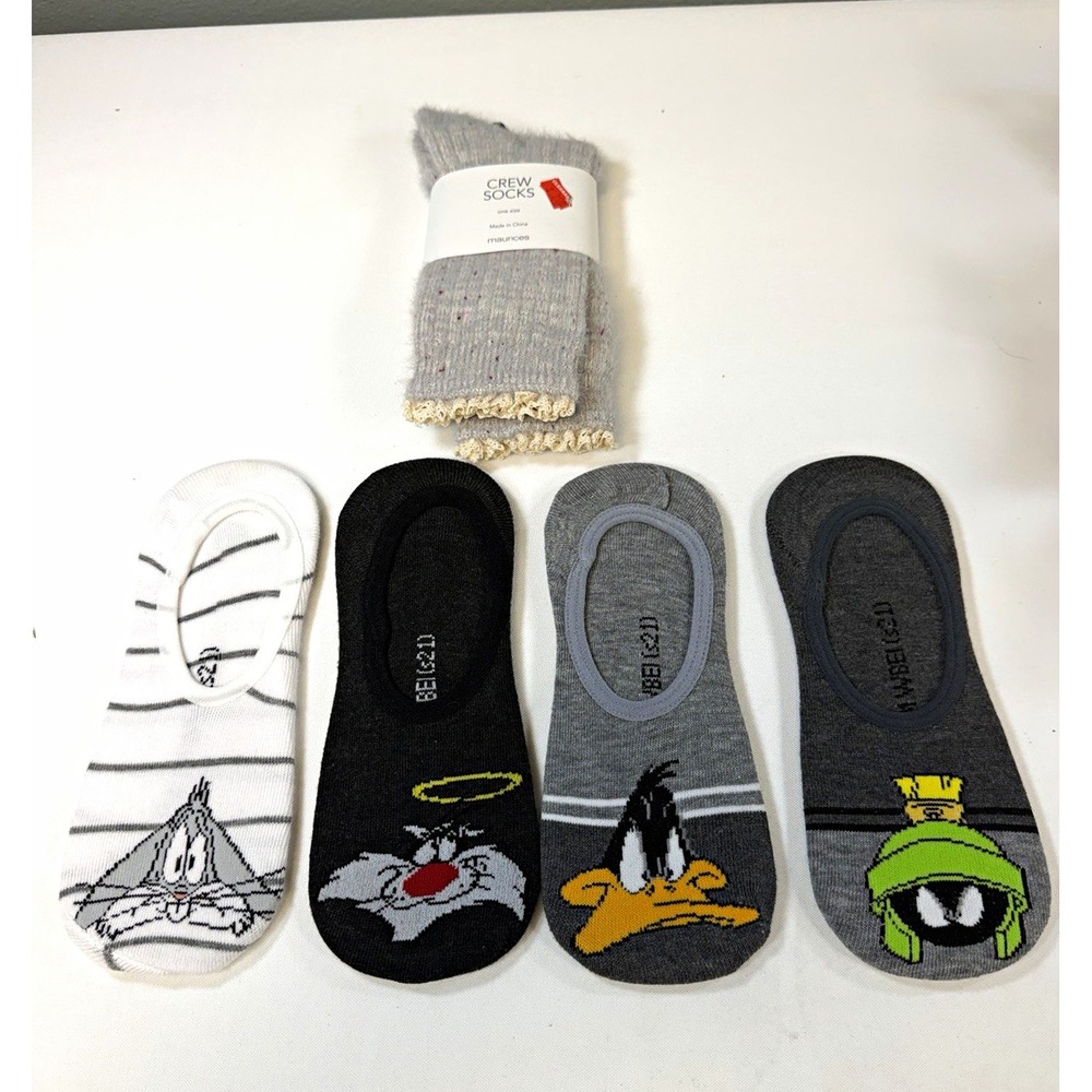 NEW Looney Tunes No Show Socks 4pk Bugs Bunny Marvin + Maurices Crew Socks Lot